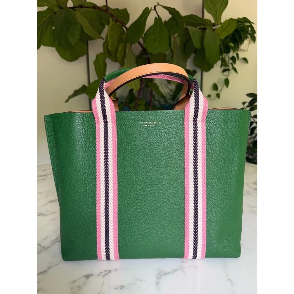 NWT Tory Burch Perry Multi Stripe Leather Triple Compartment Tote Arugula Green